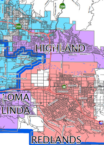 Highland, Loma Linda and Redlands cities map