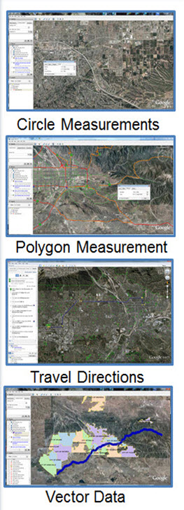 Circle Measurements, Polygon Measurement, Travel Directions and Vector Data Google Functions Map